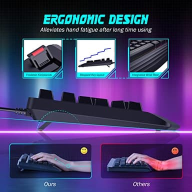 yesbeaut Gaming Keyboard, 7-Color Rainbow LED Backlit, 104 Keys Quiet Light Up Keyboard, Wrist Rest, Whisper Silent, Anti-ghosting Multimedia Keys, Waterproof USB Wired Keyboard for PC Mac Xbox - Image 3