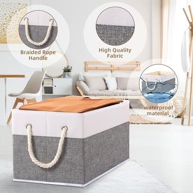Yawinhe Foldable Storage Basket 5-Pack, Large Fabric Bins with Rope Handle, Used for Organizing Shelves, Closets, Clothes, 12.99''Lx9.05''Wx7.87''H, White/Grey - Image 5