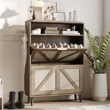 Shoe Cabinet with 2 Flip Drawers & Open Storage,Farmhouse Shoe Storage Cabinet for Entryway,Freestanding Narrow Organizer Rack with Legs,Foyer,Hallway,Rustic Oak Rattan - Image 3