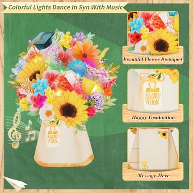 MZD8391 3D Pop Up Graduation Card with Music & Lights - Sunflower, Daisy, Cap Bouquet – Envelope Included – 2025 Graduation Gift & Decoration - Image 3