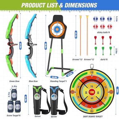 HYES 2 Pack Kids Bow and Arrow with 29" Large Dart Board, LED Light Up Archery Set with 24 Suction Cup Arrows, Indoor Outdoor Sport Toys Gifts for 3 4 5 6 7 8 9 10 11 12 Year Old Boys Girls - Image 9