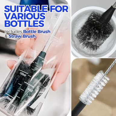 Holikme Bottle Brush Cleaner Set, 14" Long Handle Stainless Steel Bottle Cleaner Brush, 3 Straw Cleaner Brush, Bottle Cleaning Brush for Water Bottle, Cups, Abrasive Wheel Brushes, Straws Black - Image 3