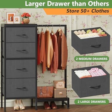 HIGDBFE Dresser with Hanging Rack, 4 Drawers Small Closet for Bedroom, Reversible Fabric Chest of Drawers with Clothes Rack, Tall Storage Tower, Sturdy Frame, Grey, 44''H - Image 6