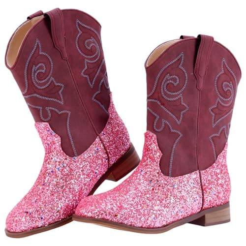 RLW Girls Cowboy Boots Kids Cowgirl Western Boot Glitter Round Toe with Walking Heel for Toddler/Little Kid/Big Kid, Sequins Pink 2 Little Kid