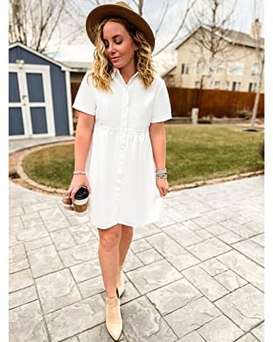 LookbookStore Women's Short Sleeve Babydoll Dress with Lapel Collar Button Down Dress Loose Fit Denim Dress for Women Casual Brilliant White Size S - Image 6
