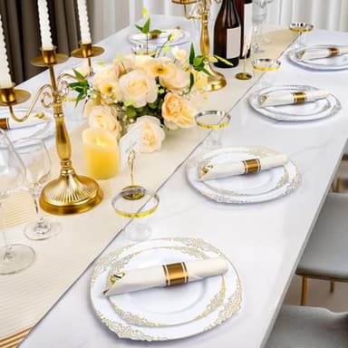 Realluck 350 PCS White and Gold Plastic Plates, Plastic Dinnerware Set for 50 Guests, 100 Disposable Plates, 150 Silverwares, 50 Cups, 50 Napkins for Party, Wedding, Graduation - Image 7
