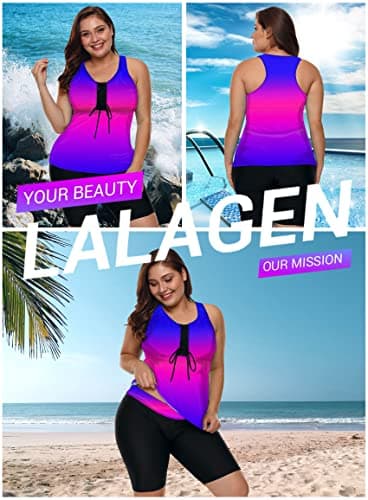 LALAGEN Womens 2025 Plus Size Tankini Swimsuits Rash Guard Capris Athletic Two Piece Swimwear Bathing Suits Blue Purple XXXXL - Image 4