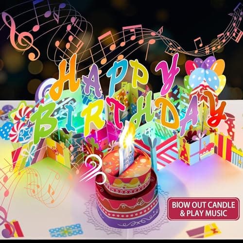 3D PopUp Birthday Cards, 1-100 Age Luxury Blowable LED Light Candle Cake Music Happy Birthday Card Postcards Greeting Cards Birthday Gifts Decorations for Women, Man, Mom, Wife, Husband, Boy, Girl - Image 1