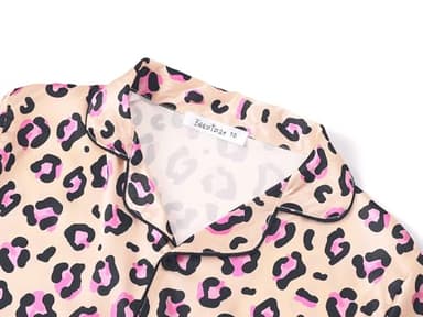Beezizac Little & Big Girls Pajama Yellow & Pink Leopard Satin Silky Long Sleeves Set Trendy Cozy 2-PC Outfit Kid Size 12 - Image 2
