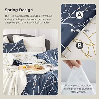 Bedsure Queen Comforter Sets - 7 Pieces Floral Navy Blue Bed Set, Tree Branch Pattern Printed Bed in a Bag Queen with Comforter, Sheets, Pillowcases & Shams - Image 4