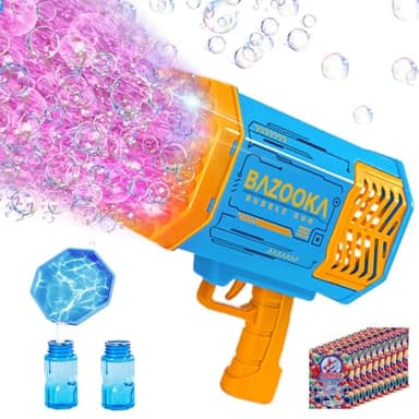 Bubble Gun Bazooka Machine with Solution - 69 Holes Blaster for Outdoor Summer Toy, Party Favors - Blue Halloween Bubble Maker Blowers for Kids - Image 1
