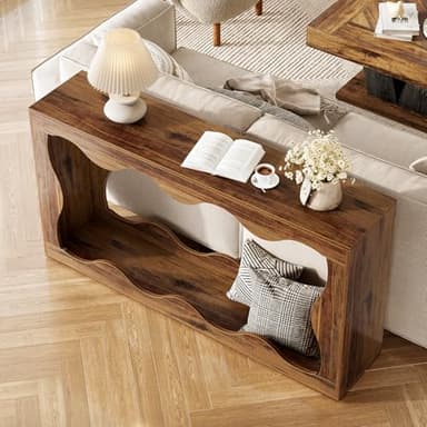 LITTLE TREE 63-Inch Entryway Table, Chic Design, Farmhouse Sofa Table Behind Couch, Scalloped Console Table with Build-in Storage Space for Entryway, Living Room, Hallway - Image 4
