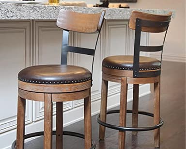 Signature Design by Ashley Pinnadel |24.25" Counter-Height Swivel Bar Stool – Modern Farmhouse, Faux Leather, 360° Swivel, Nailhead Trim, Rustic Light Brown - Image 2