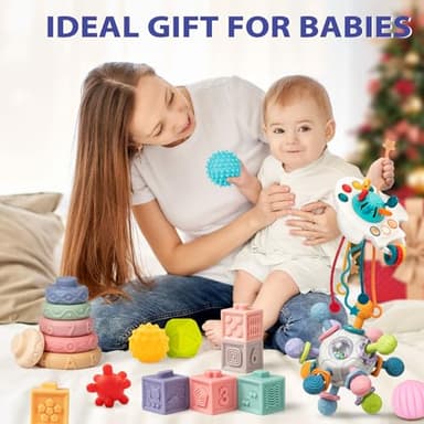 Baby Toys 6 to 12 Months, 5 In 1 Montessori Toys for 1 Year Old, Incl Travel Pull String Toy & Rattle Teether & Stacking Baby Block & Soft Infant Ring & Sensory Ball for Toddler 0-3-6-9-12 Month - Image 7