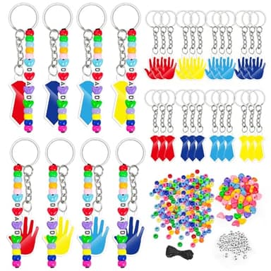 Cinrobiye 24 Set Fathers Day DIY Keychain Craft Kits Father’s Day Bead Keychain Kit Making Crafts Adjustable Dad Letter Colored Beads Strings Acrylic Tie Handprint Keyrings for Fathers Birthday Gifts - Image 1