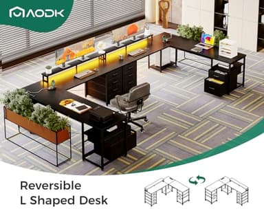 AODK 66" L Shaped Computer Desk, 113“ Reversible Home Office Desk with File Cabinet & 4 Fabric Drawers, Two Person Desk with LED Lights & Power Outlet, Corner Gaming Desk with Monitor Shelf, Black - Image 8