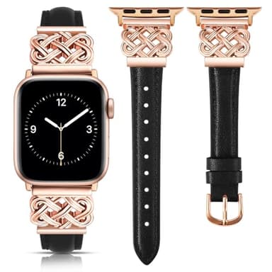 TOYOUTHS Compatible with Apple Watch Bands Women 38/40/41/42mm Dressy Slim Thin Leather Strap with Celtic Knot Interlock Buckle Bracelet for iWatch Series 11 10 9 8 7 6 5 4 SE 3 2 1, Black/Rose Gold - Image 1
