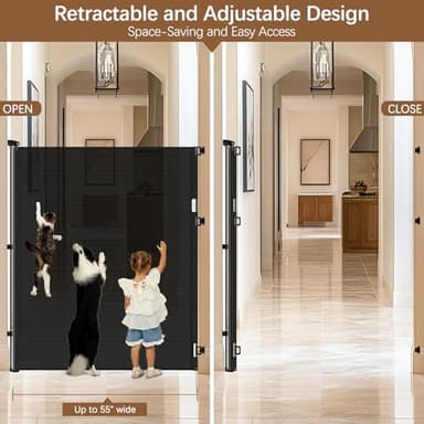 55" Extra Tall Cat Gate for Stairs - No Jump, 55" Wide Retractable Baby Gates Outdoor Retractable Gate Indoor Mesh Baby Gate Retractable Pet Gate, Extra Tall Pet Gate Tall Dog Gates for Doorways/Black - Image 3