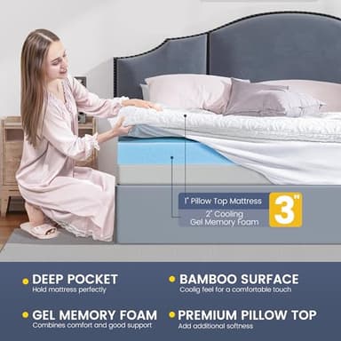 Mattress Topper King Size, Dual Layer 3 Inch Pillow Top Mattress Topper, 1 Inch Cooling Pillow Topper and 2 Inch Gel Memory Foam Bed Mattress Topper for Back Pain & Comfort Sleep - Image 2