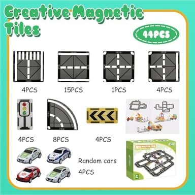 Magnetic Tiles Road Set with Pullback Car, Magnetic Tiles for Kids Ages 3-5 4-8, Magnet Building Tile for Toddler Kids Boys Girls, Creative STEM Building Toy & Learning Educational Magnet Toys - Image 7