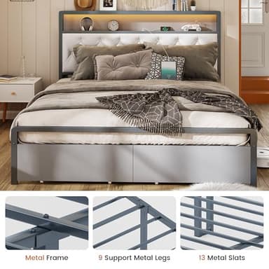 Queen Bed Frame,Bed Frame Queen Size with Headboard and Storage Shelves,Metal Platform Bed Frame with 2 Drawers & Charging Station & LED Lights,Noise-Free/Metal Slats Support/No Box Spring Needed,Grey - Image 5
