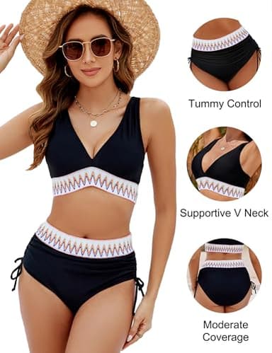 Blooming Jelly Women High Waisted Bikini Tummy Control Swimsuits Two Piece Drawstring Bathing Suit (M, Black) - Image 4