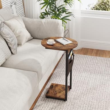 Vagusicc C Shaped End Table for Couch, Side Table Small End Table, Couch Side Table for Small Spaces, Slide Under Sofa TV Tray with Metal Frame for Living Room, Bedroom (Brown) - Image 5