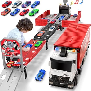 Carrier Truck Race Track Kids Toys, Foldable 3 Layer Toddler Track Playset, Toy Truck Transport Car Carrier & 8 Race Cars, Truck Car Toddlers Toys Xmas Gifts for Age 3 4 5 6+ Years Old Boys Girls - Image 1