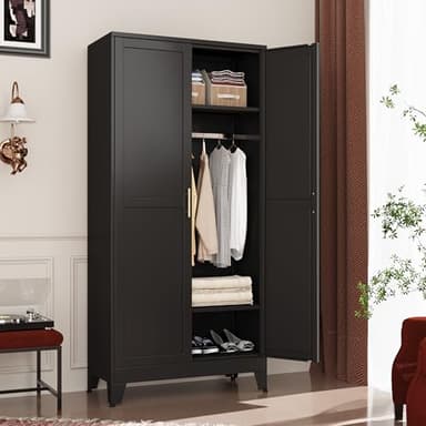 GAIOUS Metal Wardrobe Cabinet with Hanging Rod, 71" Metal Clothing Storage Cabinets with 2 Doors and Adjustable Shelves, Black Armoire Wardrobe Closet for Bedroom, Laundry Room, Cloak Room - Image 3