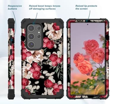 PIXIU Unique Flower Pattern Compatible with Samsung Galaxy S24 Ultra case, Heavy Duty Dual Layer Shockproof Full-Body Protective Sturdy Hybrid Cute Rugged Case for Women,Girls,Kids-Rose Floral - Image 3