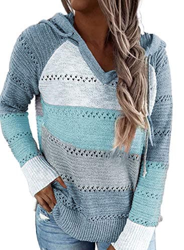 BLENCOT Women's Casual Color Block Hoodies Sweater Long Sleeve Drawstring Pullover Sweatshirts Fashion Knitted Tops Blue XL - Image 1