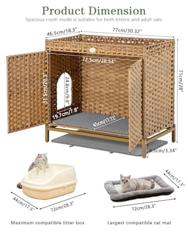 SETVSON Cat Litter Box Enclosure Furniture, Hidden Handwoven Rattan Litter Box with Mat, Large Cat House with Metal Heightened Feet, 30.3 x 18.3 x 28 Inches, Indoor for Living Room, Bedroom Natural - Image 4