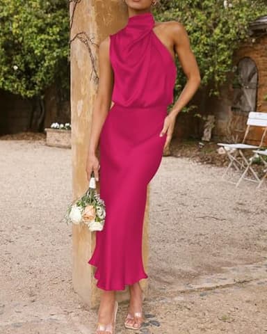 BTFBM Women Sleeveless Cocktail Dresses Fall Mock Neck Keyhole Elastic High Waist Evening Party Maxi Wedding Guest Dress(Rose Red, Small) - Image 3