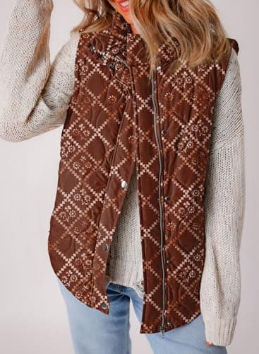 EVALESS Womens Fashion Cropped Puffer Vest Fall 2025 Lightweight Quilted Stand Collar Sleeveless Button Down Flower Jackets Winter Warm Coat Outerwear Gilet with Pockets Brown Medium - Image 6
