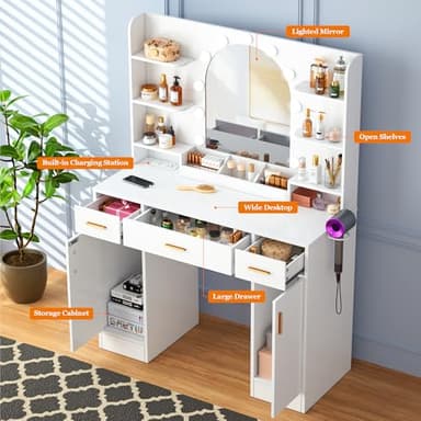 Decofy Vanity Desk with Mirror and 11 LED Lights, White Makeup Vanity Desk with Chair, Vanity Table Set, 5 Drawers 3 Lighting Modes & 5 Adjustable Brightness Dressing Table for Bedroom - Image 4
