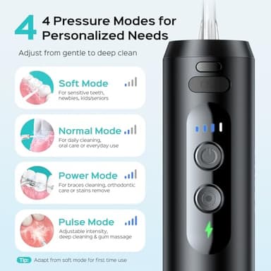COSLUS Mini Water Flosser for Travel: Portable Compact Design, Cordless Oral Irrigator with 4 Modes, Removable Tank, IPX7 Waterproof for Braces, Orthodontic, Sensitive Teeth On-The-Go Use, Black, T40 - Image 8