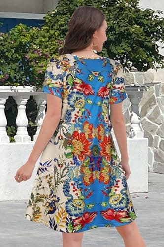 Sundresses for Women Summer Beach T Shirt Short Sleeve Floral Casual Loose Dresses(Red Blue Flower, XL) - Image 5