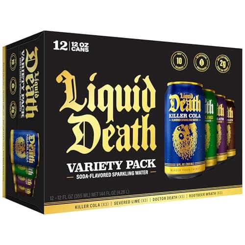 Liquid Death, Soda-Flavored Sparkling Water Variety Pack, 12-Pack (12oz Cans), Low Sugar, Huge Flavor & No Artificial Sweeteners, 4 Flavors: Severed Lime, Doctor Death, Killer Cola, and Rootbeer Wrath - Image 1