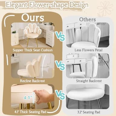 VINGLI Petal Makeup Vanity Chair with Back,Flower Cute Girls Desk Chair Comfy No Wheels,Modern Dining Chair,Small Accent Chair with Adustable Gold Legs&Bow Pillow for Home Office,Bedroom,Velvet,Beige - Image 3