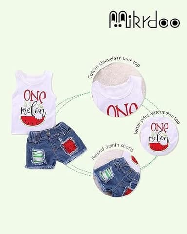 Mikrdoo Toddler Girl Summer Outfits Watermelon Tank Top + Denim Shorts 2T Infant Girl Clothes (18-24 Months, White) - Image 5