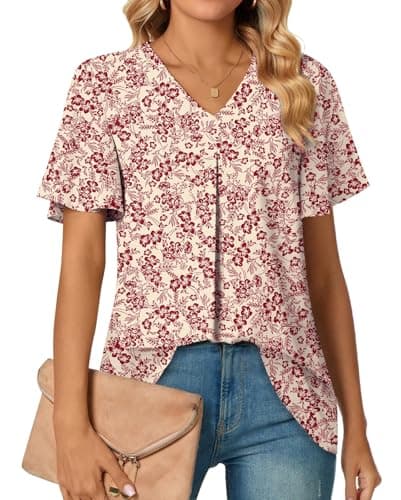 Anyally Women's Summer Dressy Chiffon Blouses V Neck Ruffle Short Sleeve Tunic Tops for Leggings Casual T-Shirts, XL Red Flower White - Image 1