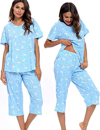 ENJOYNIGHT Womens Pajama Sets Cotton Pj Set Short Sleeve Top With Capri Pants Sleepwear 2 Piece Lounge Set(X-Large,Moon) - Image 2