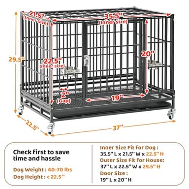 Homey Pet 37 inch Stackable Heavy Duty Dog Crate, Indestructible Escape Proof Dogs Cage Kennel with Lockable Wheels, Removable Tray & Metal Grid, Double Doors for High Anxiety Medium/Small Dogs - Image 6