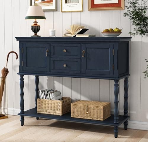 ARTPOWER Console Table with 2 Drawers, Retro Entryway Table with 2 Door Cabinets and Open Storage Shelf, Narrow Long Behind Couch Sofa Table for Living Room, Foyer, Hallway, Blue - Image 1