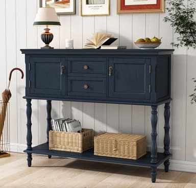 ARTPOWER Console Table with 2 Drawers, Retro Entryway Table with 2 Door Cabinets and Open Storage Shelf, Narrow Long Behind Couch Sofa Table for Living Room, Foyer, Hallway, Blue - Image 1