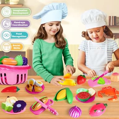 100 Pcs Play Food Set for Kids Kitchen, Pretend Food Toy for Toddlers, Play Kitchen Toys Accessories with 2 Baskets, Cutting Fake Food/Fruit/Vegetable, Christmas Birthday Gifts for Boys and Girls - Image 6