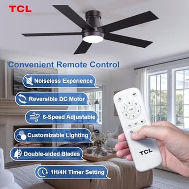 TCL 52" Ceiling Fan with Lights, Black Flush Mount Ceiling Fans with Remote Control, 6 Speeds DC Reversible, Dimmable, Noiseless, Low Profile Ceiling Fans for Bedroom - Image 2