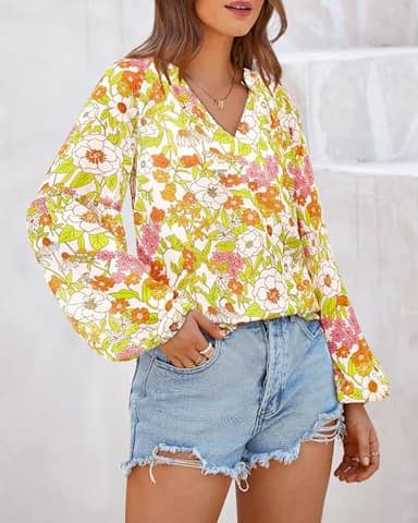 BTFBM Blouses for Women Dressy Casual Floral Boho Tops Trendy V Neck Lightweight Long Sleeve Shirts Fall Clothes 2025(Floral Yellow, Large) - Image 5