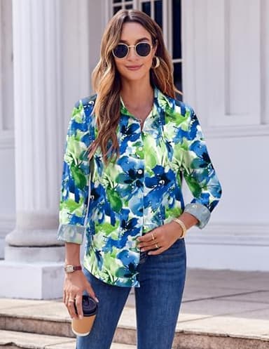 Zeagoo Button Down Shirts for Women Business Casual Blue Floral Dressy Tops Long Sleeve Work Blouses Spring Outfit - Image 5