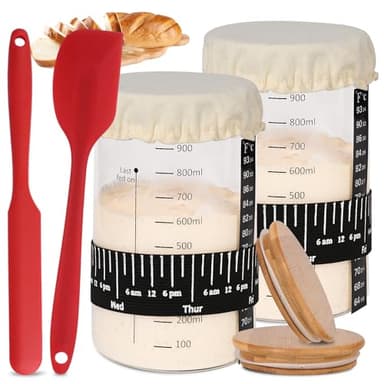 Xileanalee Pro Sourdough Starter Jar Kit 2 Packs-35 Oz Sourdough Bread Starter Jar Kit with Date Marked Feeding Band,Thermometer,Spatula,Cloth Cover& Lid for Sour Dough Bread Loaf (2 Pcs) - Image 1